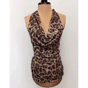 VTG Y2K Sweet Pea Mesh Mob Wife Animal Print Cowl Neck Fitted Sleeveless Top L